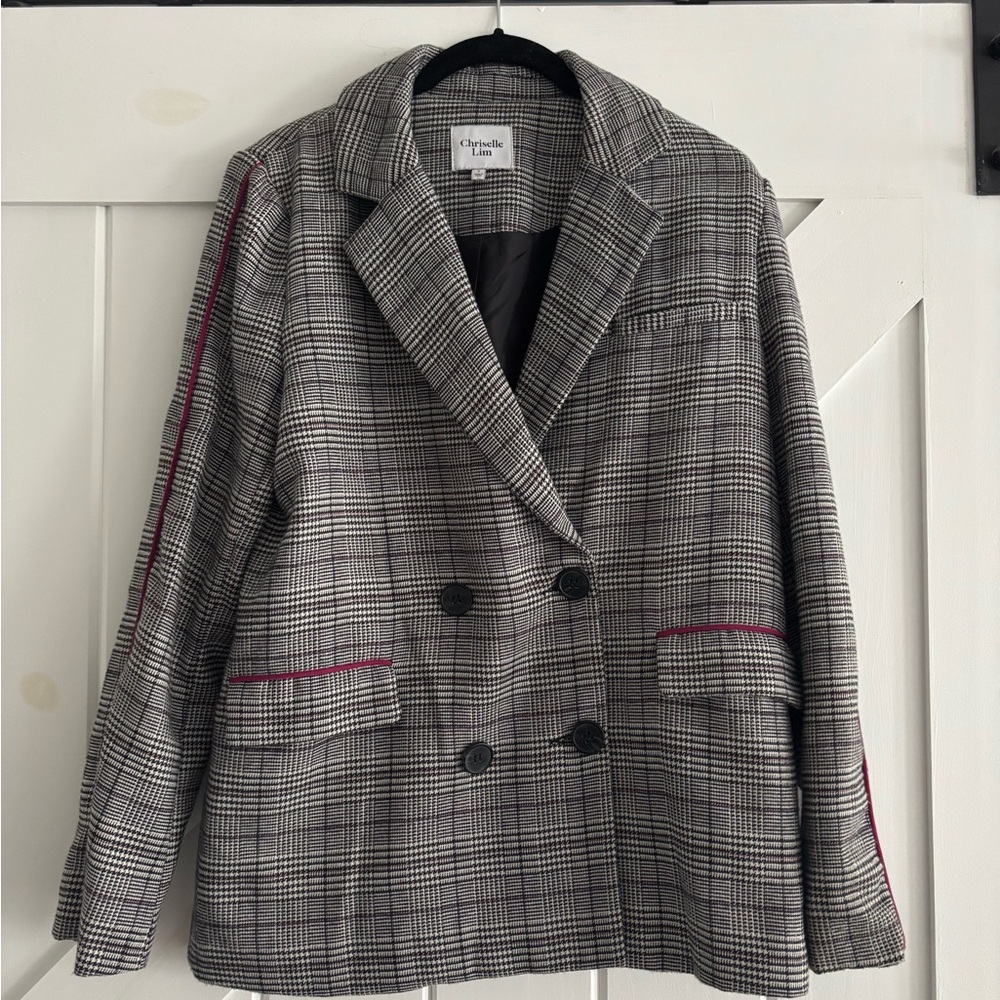 Chriselle Lim Plaid Double-Breasted With Pink Stripe Blazer